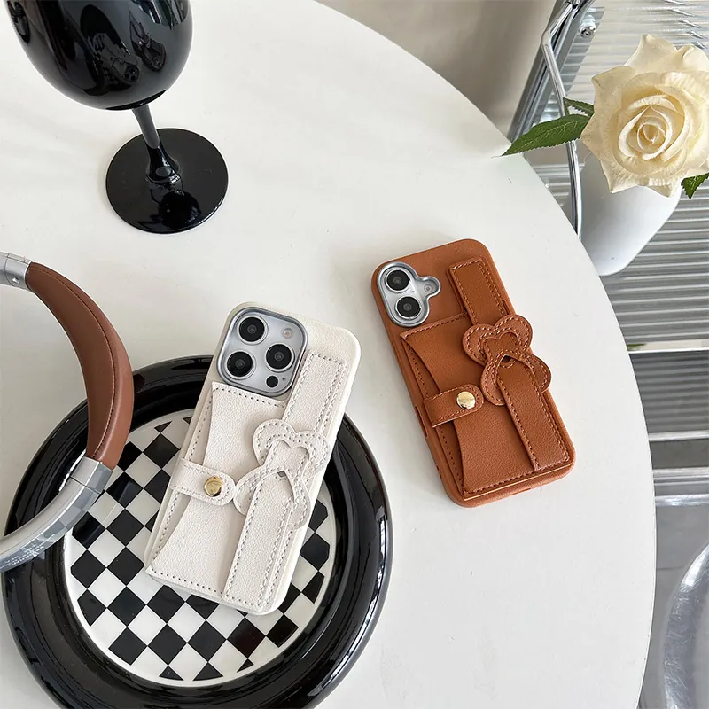 Litchi Pattern PU Leather Wallet Phone Case With Card Holder Wristband Heart Decor For IPhone Anti-fall Shockproof Women