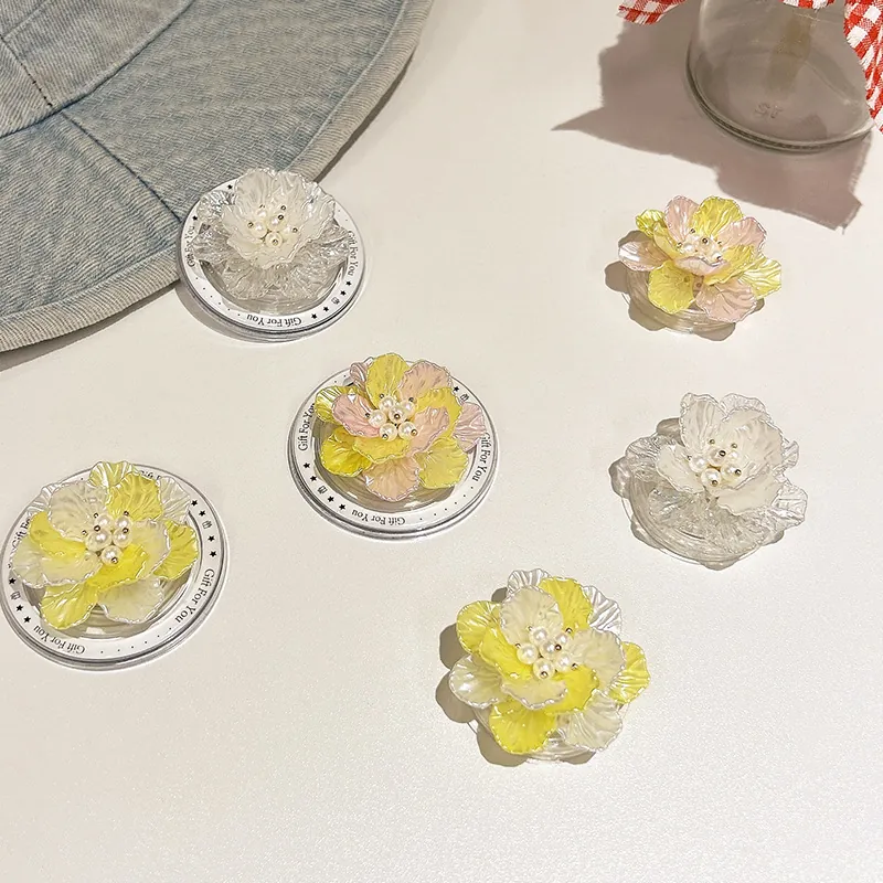 Shell Flower 3D Phone Griptok Stand Faux Artificial Pearl Gradient Translucent Expanding Socket Desktop Holder For Women Girls