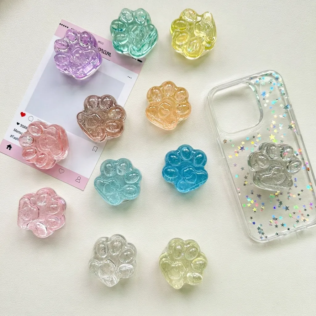Süße Katzenpfote Handyhalter Glitzer Transparent Kunststoff Klappbar Handy Griff Desktop Ständer Funkelnd Kawaii