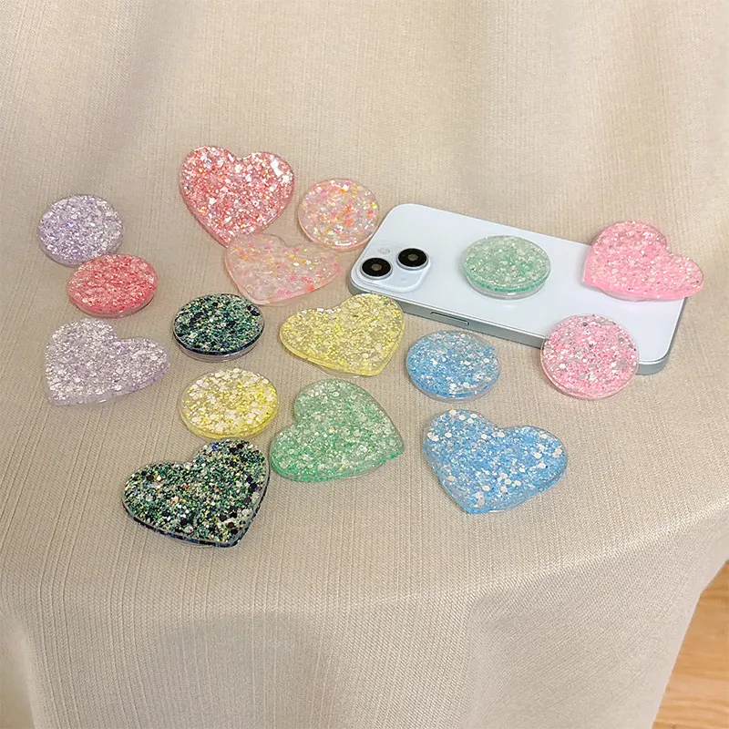 Glitter Sequin Heart Round Griptok Expansion Phone Holder Clear Plastic Folding Decorative Stand Accessory