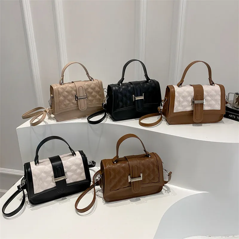 Mode Femmes Sac à Main Carré Matelassé Losange Cuir Synthétique Couleur Contrastée Sac Bandoulière Avec Serrure en Métal Bandoulière Réglable