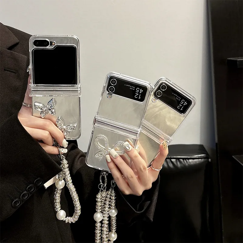 Luxury Foldable Phone Case With Long Imitation Artificial Pearl Chain Strap Rhinestone Butterfly Bowknot Design Protective Cover