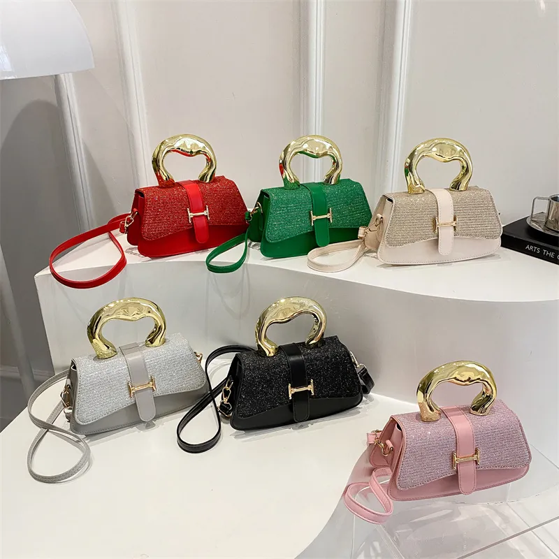 Women Luxury PU Leather Handbag With Gold Metal Handle Glitter Sequin Crossbody Bag Fashion H Buckle Square Bag For Party