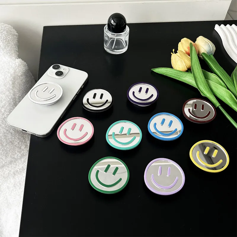 Smiley Face Mirror Phone Grip Pop-up Socket Folding Desktop Stand Portable Makeup Mirror For Smartphones