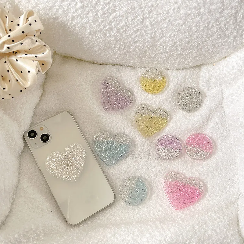 Support Téléphone Coeur Et Rond Paillettes Résine Pliable Extensible Poignée De Doigt Adhésif Étincelant Dégradé