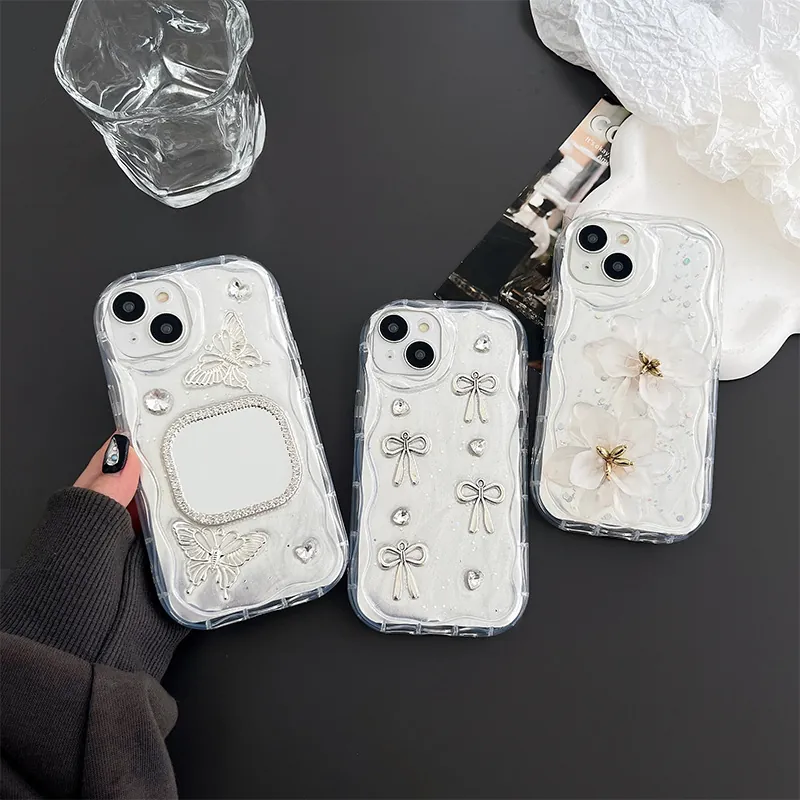 Smartphone Case Rhinestone Mirror Butterfly Bow Flower Glitter Transparent Wave Edge Shockproof Luxury Protective Shell