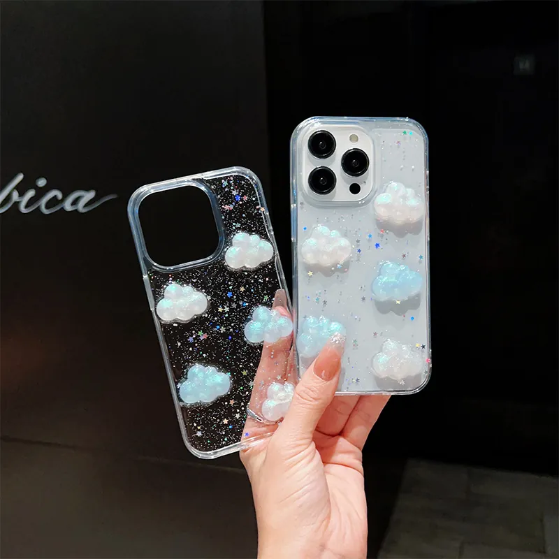 Custodia Trasparente Per Telefono Con Nuvole 3D E Glitter A Stella Cover Protettiva Morbida In TPU Dolce Per iPhone