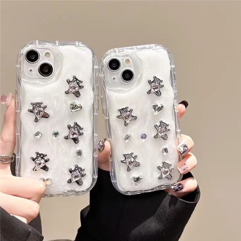 Rhinestone 3D Metal Bear Phone Case Compatible With iPhone 17 16 Pro Max Luxury Wavy Edge TPU Shockproof Protective Cover
