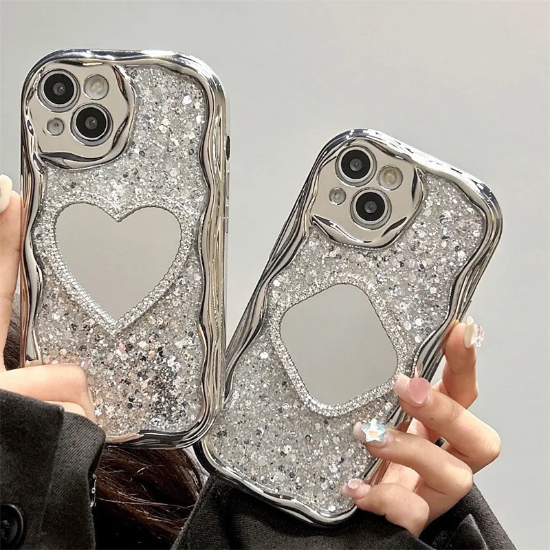Silver Electroplated Wave Edge Mobile Phone Case Shiny Glitter Rhinestone Heart Mirror Luxury Protective Cover Women