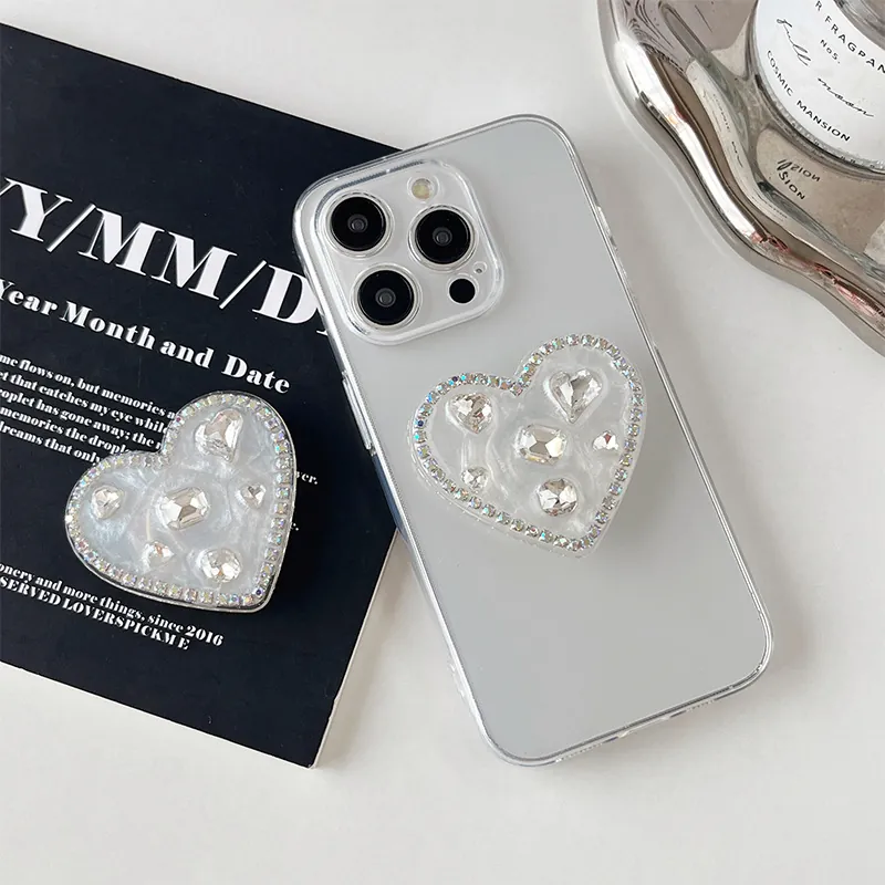 Heart Shaped Phone Grip Rhinestone Gemstone Sparkling Retractable Adhesive Desktop Stand Accessory For Women