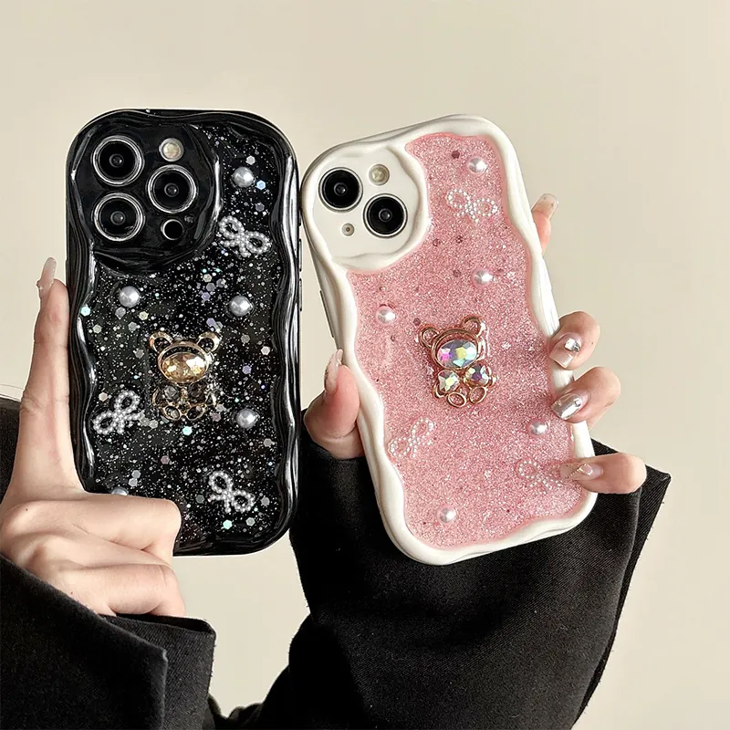 Handyhülle Mit Wellenrand Glitzer TPU Luxus Strass Bär Künstliche Perle Schleife Dekorativ Für IPhone Funkelnder Süßer Stil