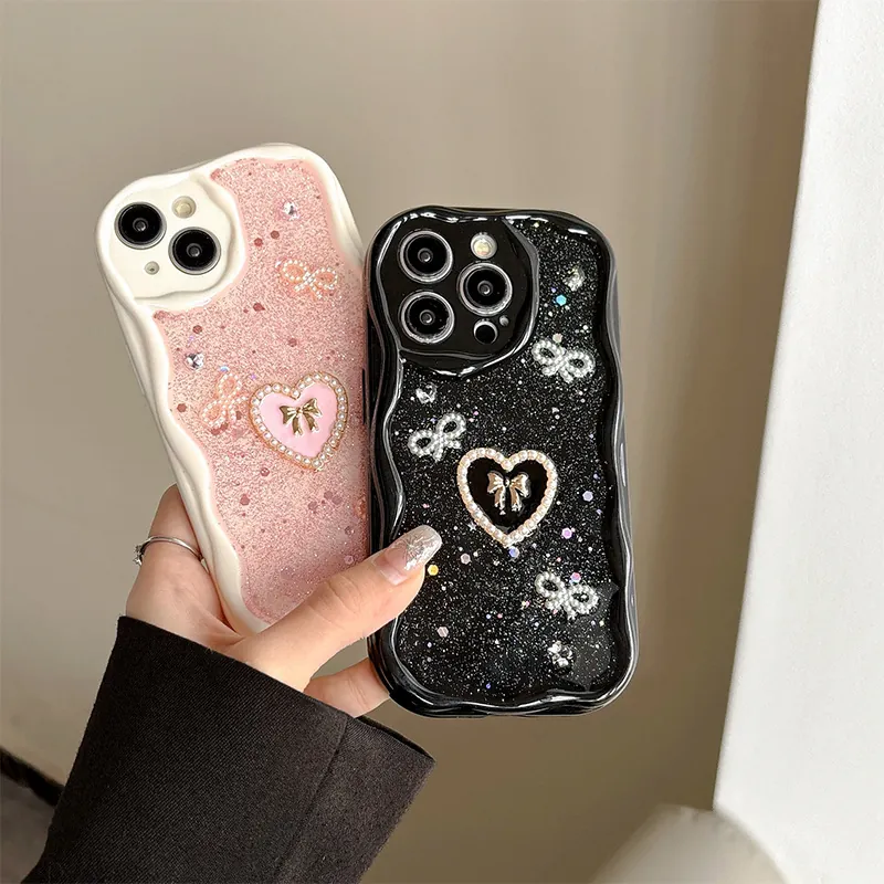 Bow Heart Artificial Pearl Sparkly Handyhülle Wellenrand Glitzer Pailletten TPU Schutzhülle Süßer Y2K Stil