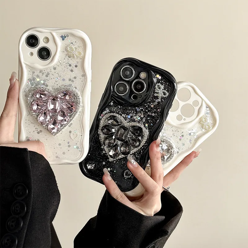 Shockproof Wave Frame Tpu Phone Case With Large Rhinestone Heart Glitter And Artificial Pearl Bow For Iphone Luxurious Girly Style