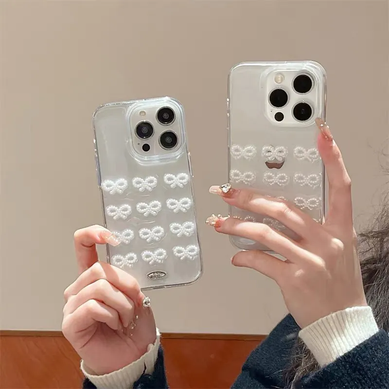 Transparent Glitter Phone Case Artificial Pearl Bow Soft TPU Silicone Shockproof Protective Cover Compatible With IPhone Series
