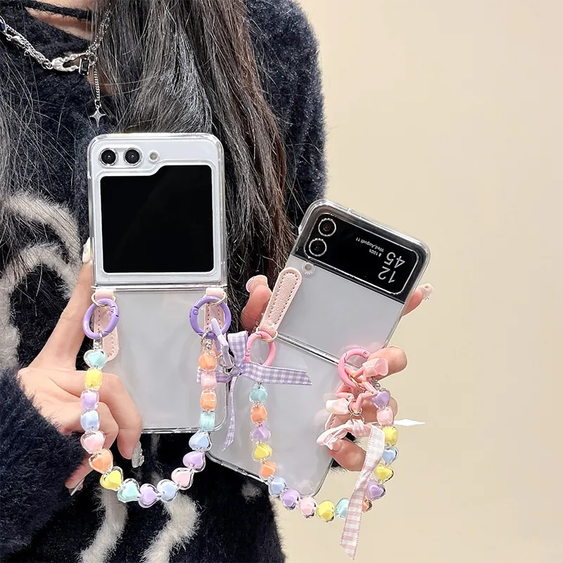 Foldable Phone Case Clear Hard Shell Colorful Heart Beaded Chain Plaid Bow Star Pendant Cute Style Protective Accessories