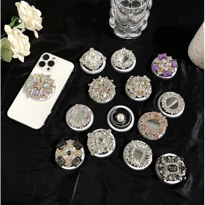 Magnetic Phone Griptok Stand Luxury Rhinestone Artificial Pearl Artificial Crystal Retractable Universal Magnetic Mirror Holder