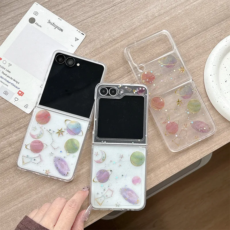 Custodia Pieghevole Per Samsung Galaxy Z Flip Serie Airbag Antigoccia Cielo Stellato Glitter Pianeta Sogno Guscio Rigido PC