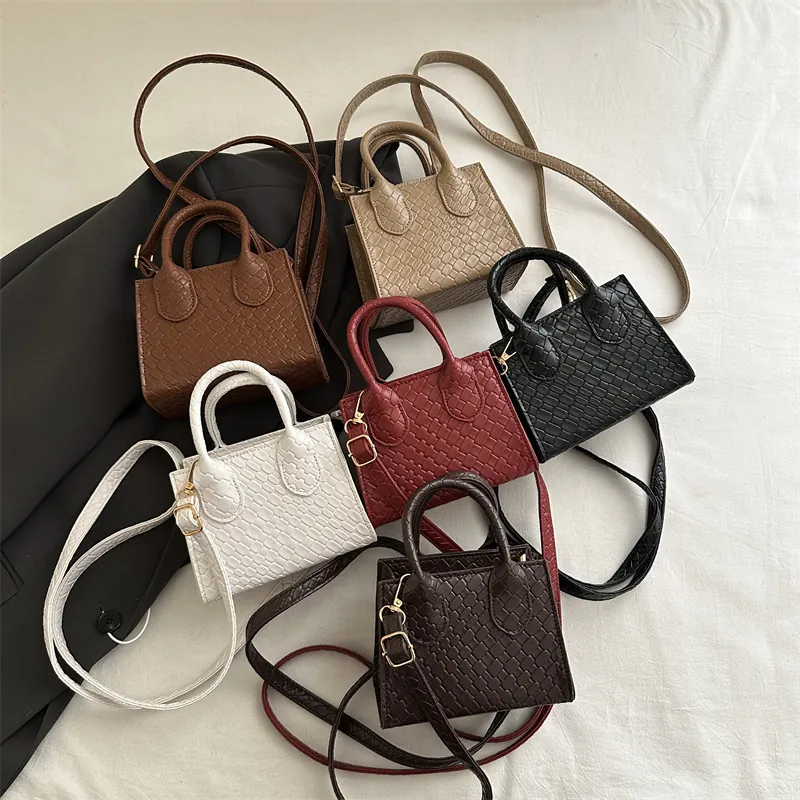 Women Mini PU Leather Woven Handbag Crocodile Pattern Crossbody Square Bag With Adjustable Shoulder Strap Gold Hardware