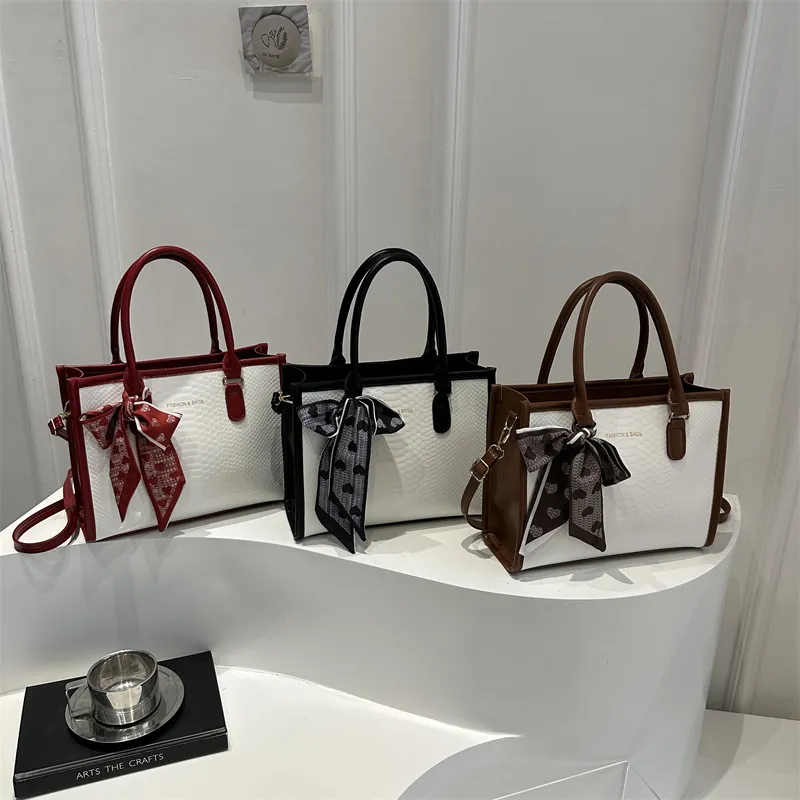 Women Snake Pattern Contrast Color Handbag With Silk Scarf Bow Shoulder Crossbody Tote Bag Faux Leather Square Bag