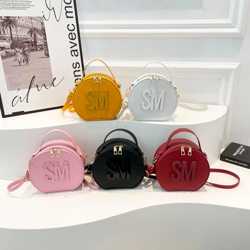 Fashion Round Crossbody Bag Women PU Leather Handbag With 3D Letter Embossing Gold Hardware Top Handle Shoulder Bag Purse