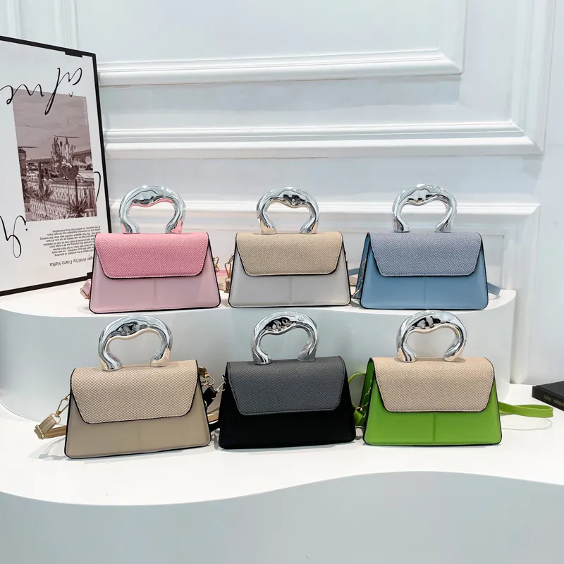 Women Fashion Contrast Color Handbag PU Leather Woven Texture Small Square Bag Silver Metal Handle Crossbody Shoulder Bag