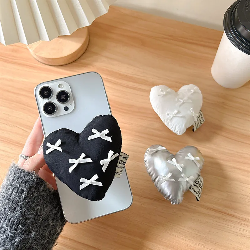 Heart Shaped Mobile Phone Air Cushion Stand Bow Ribbon Plush Fabric Griptok Collapsible Desktop Bracket Cute Accessories