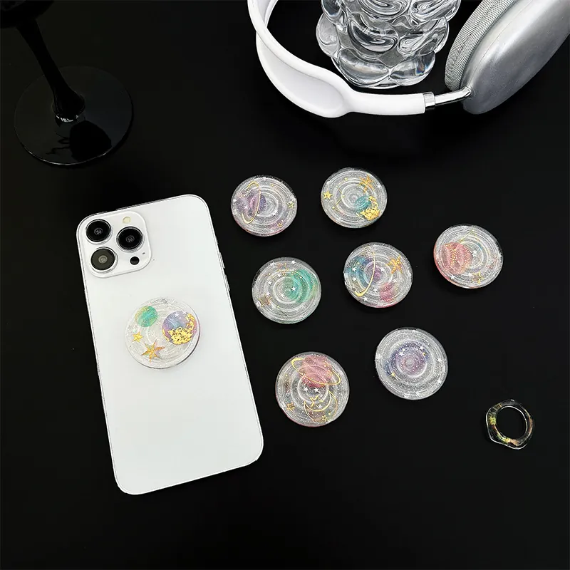 Transparent Round Planet Phone Griptok Telescopic Expanding Stand Desktop Holder Starry Sky Dreamy Resin Glitter