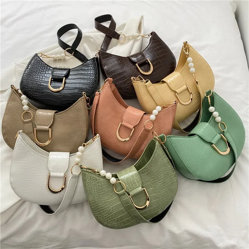 Women Crescent Hobo Bag Crocodile Pattern PU Leather Artificial Pearl Strap Golden Metal Buckle Vintage Fashion Underarm Purse