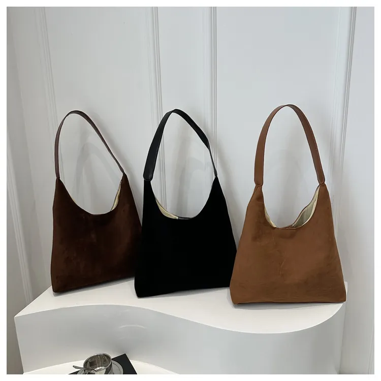 Large Suede PU Tote Bag And Pouch Hobo Shoulder Bag For Women Retro Commuting Minimalist Frosted Magnetic Closure