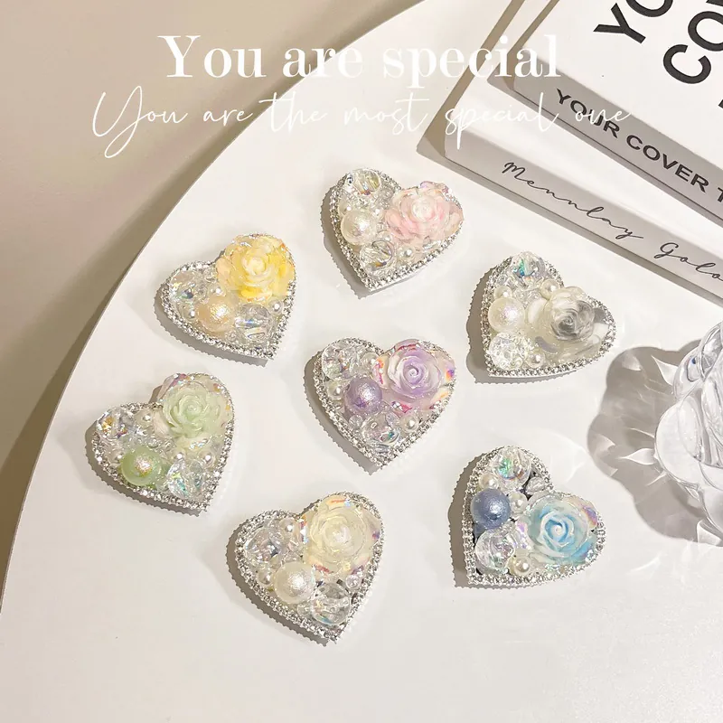 Heart Shaped Phone Grip Retractable Stand Resin Flower Artificial Pearl Rhinestone Decorative For Mobile Case Desktop