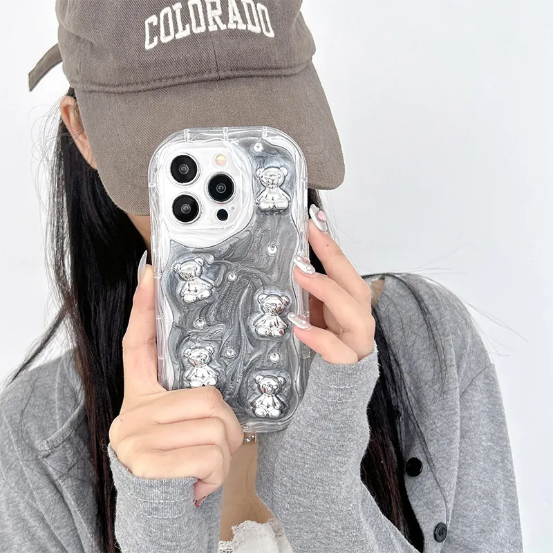 Custodia Per Telefono Con Strass Orso Cuore 3D Compatibile Con iPhone 16 15 14 13 Pro Max Texture Marmo TPU Morbida