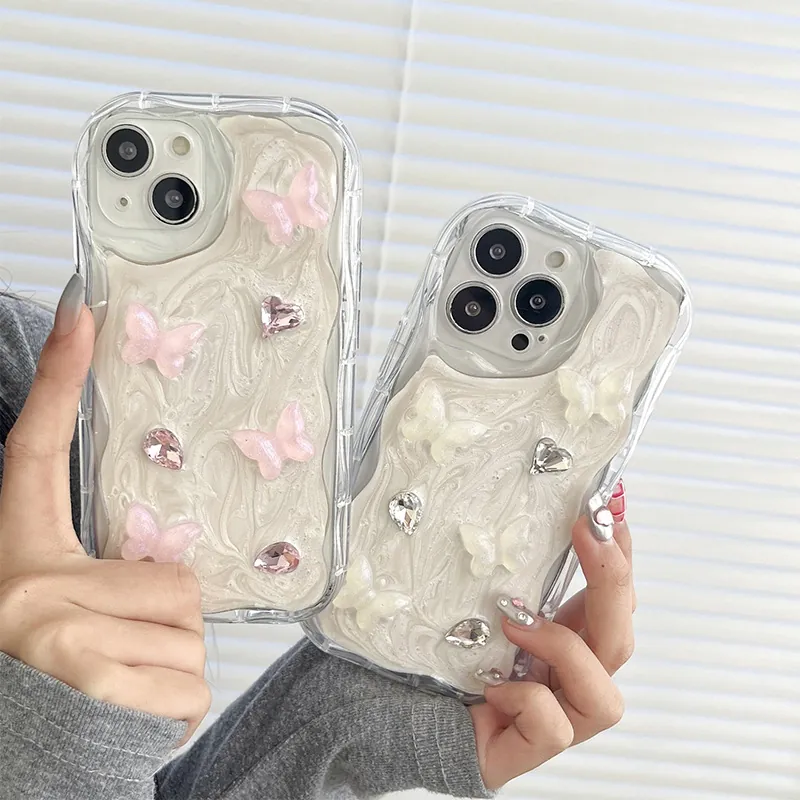 Stereoscopic Butterfly Phone Case Silicone Shockproof Creamy Wave Texture Rhinestone Sweet Aesthetic Protective Cover
