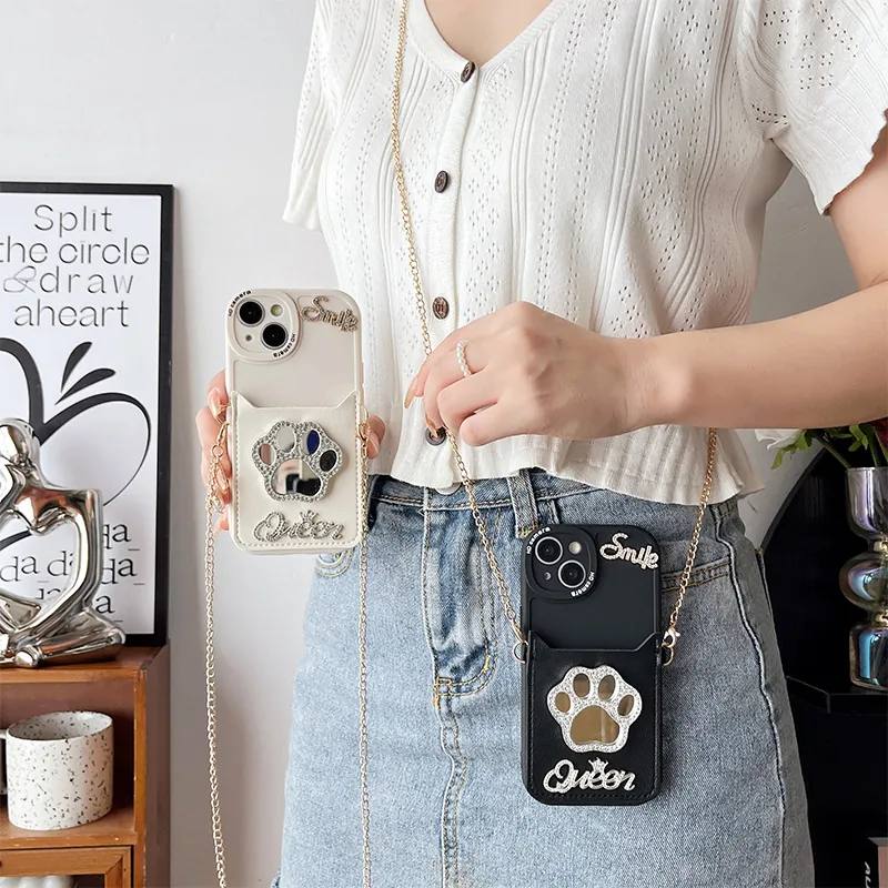 Rhinestone Cat Paw Mirror Wallet Phone Case With Crossbody Chain PU Leather Camera Protection For iPhone