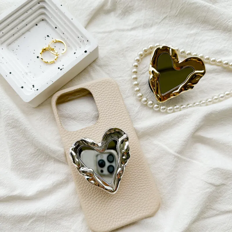 Herz Handy Griff Halter Spiegel Legierung Galvanisiert Geschmolzene Textur Erweiterbar Tischständer Für Damen