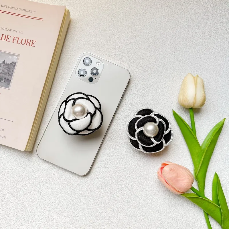 Camellia Flower Fabric Phone Grip Stand Artificial Pearl Decor French Style Expanding Socket Mobile Phone Bracket Accessory
