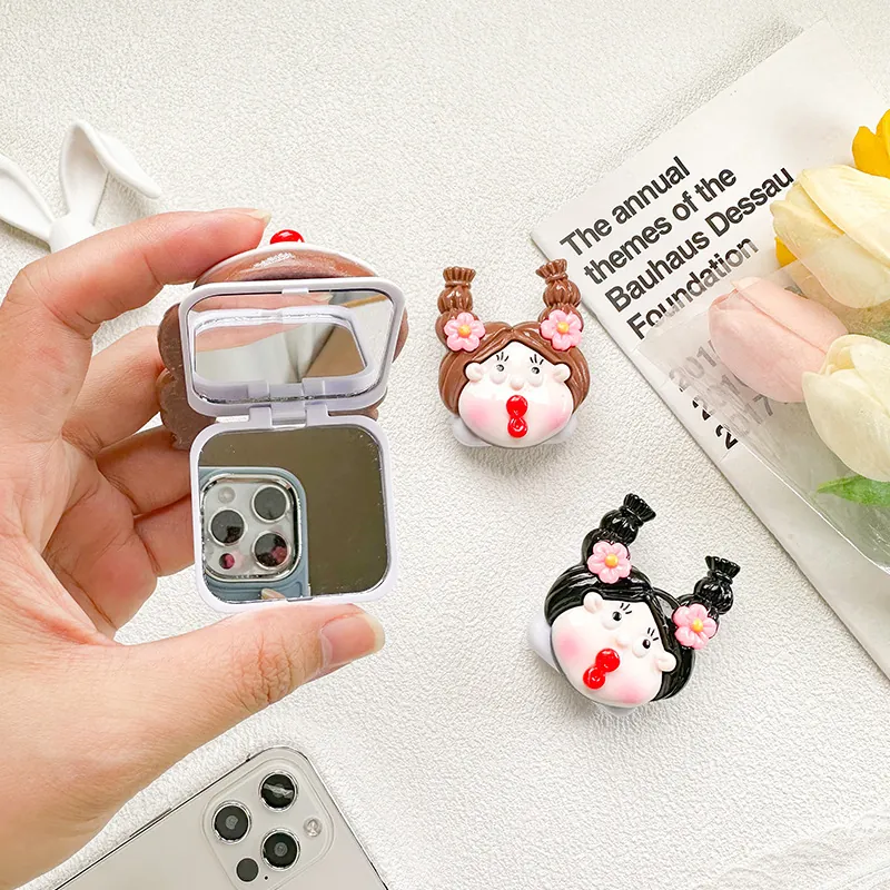 Plastic Cartoon Girl Flip Mirror Phone Holder Portable Makeup Mirror Griptok Novelty Character Phone Grip Stand Accessory