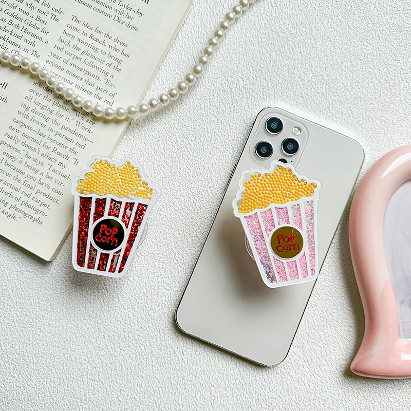 Popcorn Shape Air Cushion Phone Holder Acrylic Glitter Quicksand Expandable Desktop Stand Griptok Cute Novelty Accessory