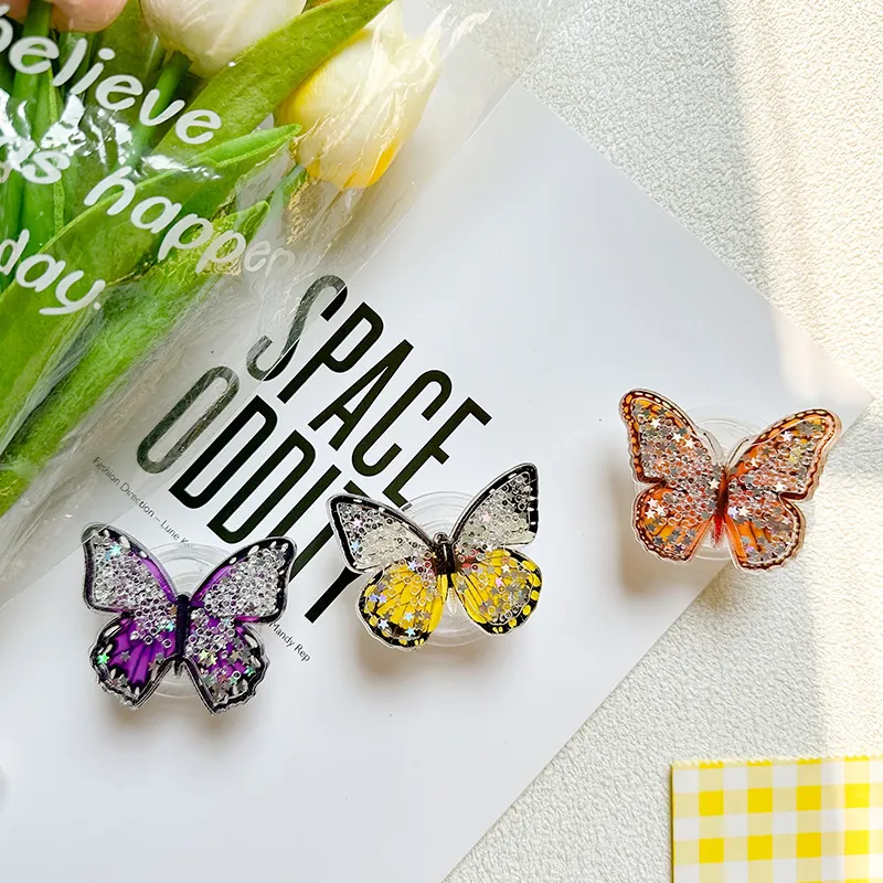 Butterfly Phone Griptok Holder Quicksand Sequin Glitter Expandable Retractable Plastic Aesthetic Stand For Mobile Phone