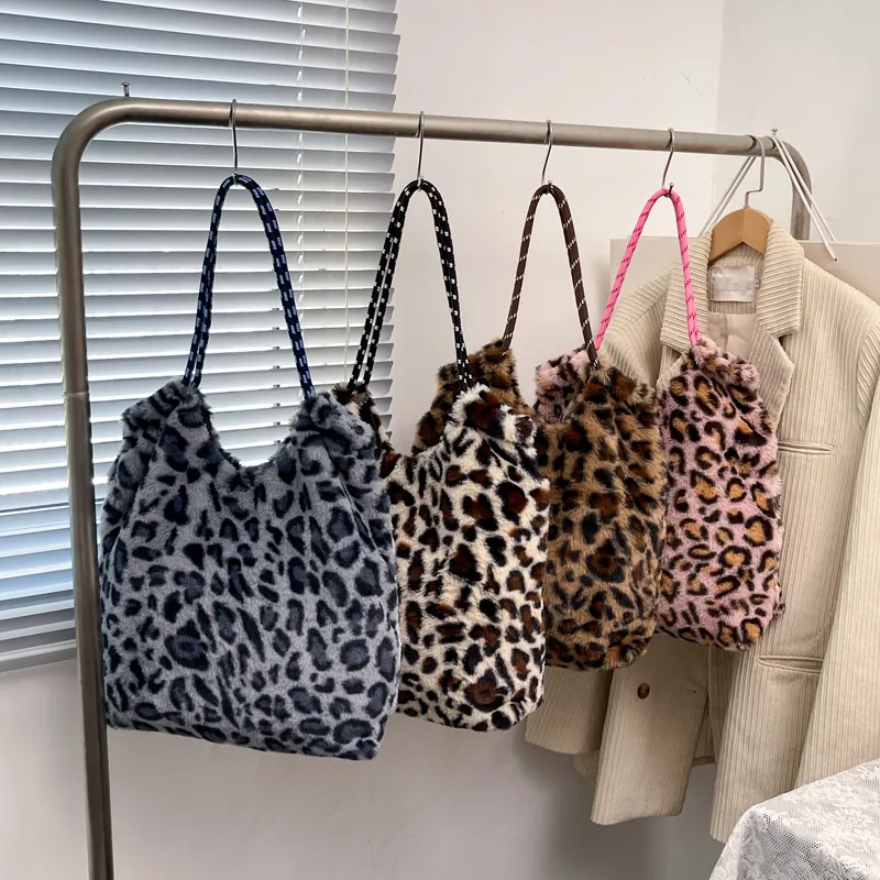 Women Leopard Print Plush Tote Bag Faux Fur Shoulder Bag With Braided Rope Handle Large Capacity Casual Handbag Fashion