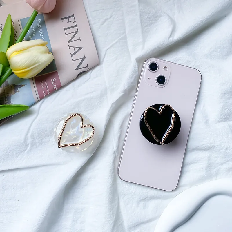 Heart Shaped Phone Airbag Bracket Marble Texture Electroplated Gold Edge Expandable Foldable Stand Grip For Smartphone