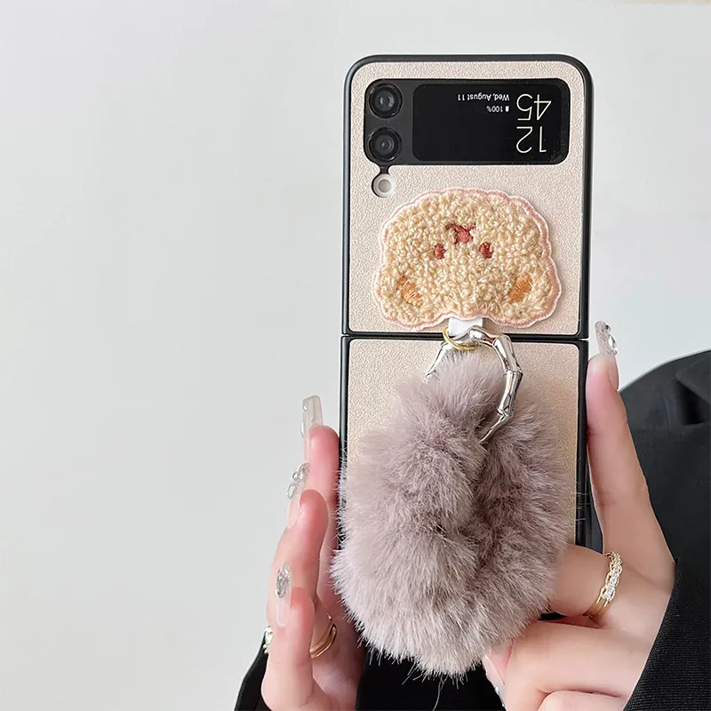Folding Phone Case With Plush Bear Patch And Furry Wristlet Chain Polycarbonate PU Leather Cute Kawaii Anti-Fall Design