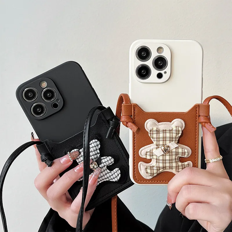 Crossbody Phone Case With Card Holder PU Leather Houndstooth Bear Pattern Detachable Lanyard Strap Protective Cover For Women
