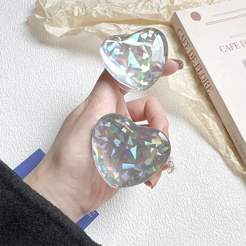 Holographic Laser Heart Phone Grip Expandable Plastic Crystal Sequin Folding Smartphone Stand For Back Of Phone
