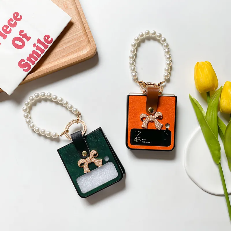 Coque De Téléphone Pliable En Similicuir Avec Dragonne En Künstliche Perles Nœud En Strass Et Support De Bague En Métal