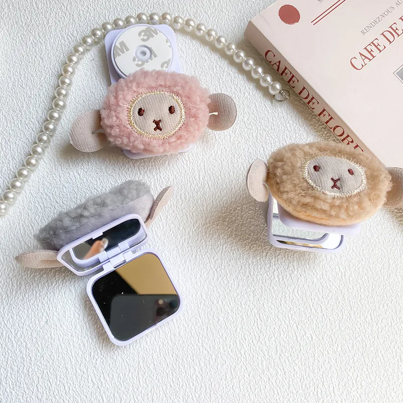 Cute Plush Sheep Phone Grip Stand With Foldable Makeup Mirror Universal Strong Adhesive Cell Phone Bracket For Desk Kawaii