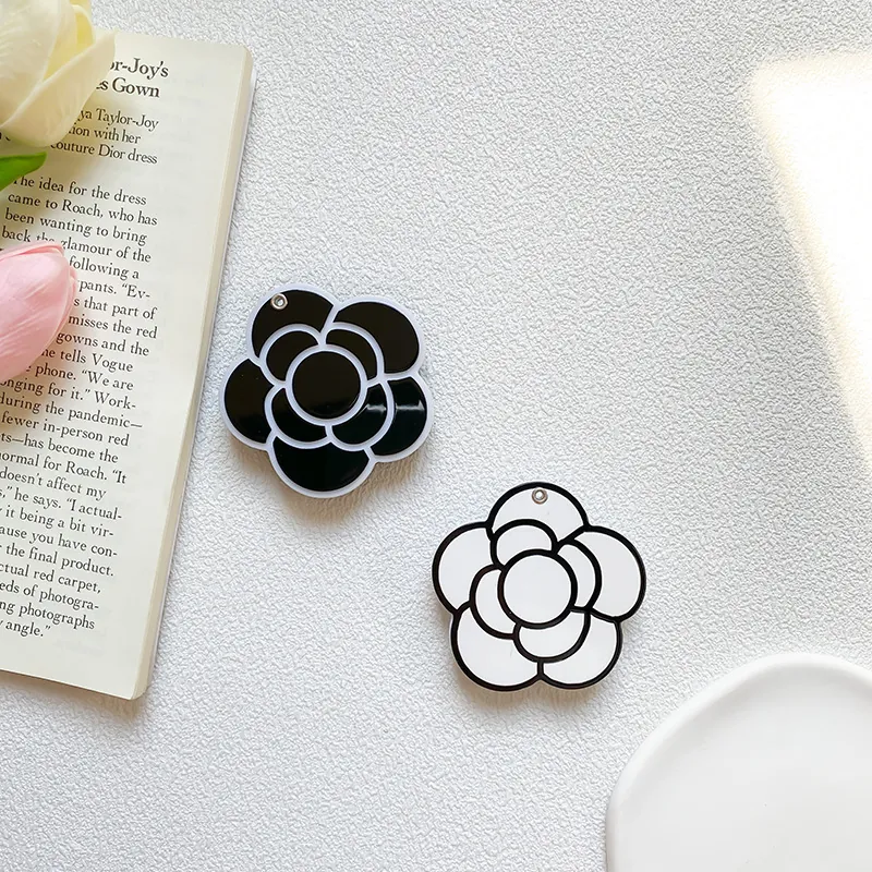 Camellia Flower Expanding Phone Socket Grip With Built-In Mirror Foldable Acrylic Phone Stand Black White Minimalist
