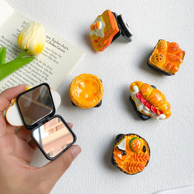 Simulated Food Phone Stand Mirror Hamburger Egg Tart Shape Foldable Griptok Resin Dual Makeup Mirror Universal Holder