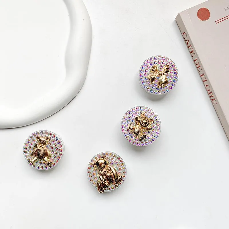 Phone Grip Stand Rhinestone Encrusted Bling Metal 3D Bear Bow Foldable Telescopic Cellphone Holder Accessories