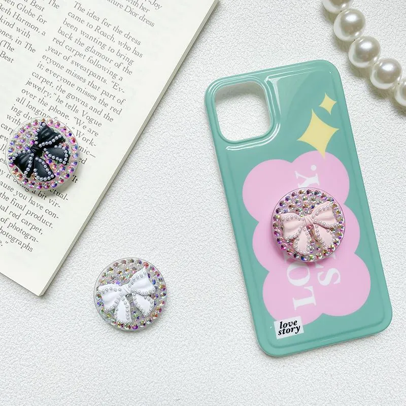 Bow Rhinestone Artificial Pearl Phone Griptok Expanding Stand Support Holder Sparkling Sweet Luxury For Smartphone