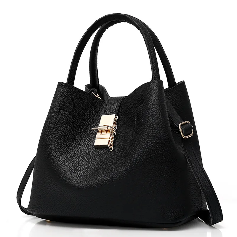 Borsa a Secchiello da Donna in Pelle PU Moda Motivo Litchi Borsa a Tracolla Cucita Con Borsa Interna Borsa Grande Tote